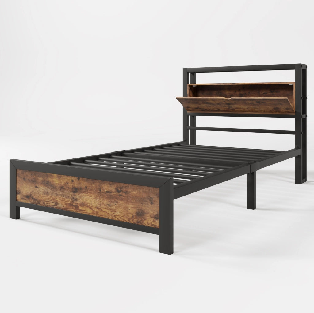 Letto singolo 90x200 cm; testiera con ripiani; metallo e legno; colore naturale (Senza materasso)