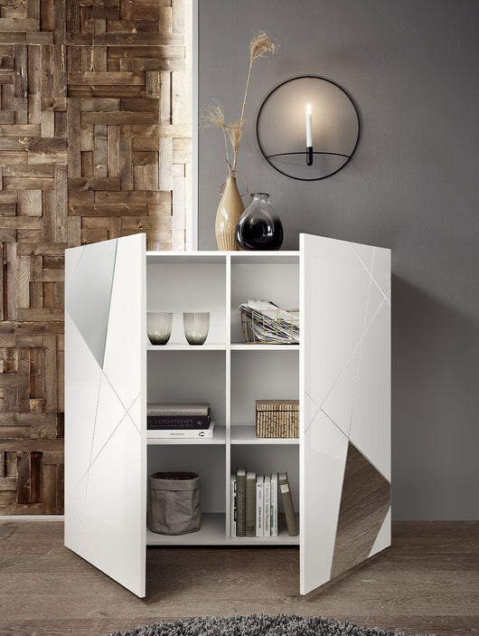 Madia Design Moderno 2 Ante con Serigrafie e Specchi Vittoria 121x42x111 cm Bianco Lucido