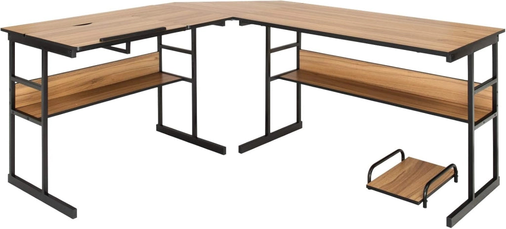 Scrivania ad angolo a forma di L 170 cm, Scrivania per computer con 2 ripiani, vassoio inclinabile, supporto per unità centrale, tavolo da computer, poco ingombrante, stile industriale (noce)