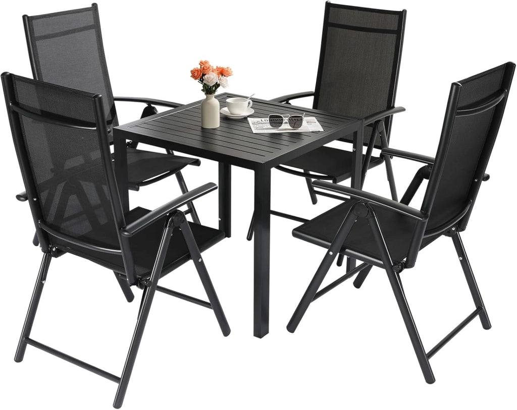 Set Giardino Esterno Aluminium 3 Pezzi, Tavolo da giardino tutto in Alluminio con 2 Sedie Pieghevoli Alto Regolabili, Resistente Alle Intemperie, Nero