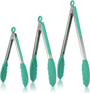 Tang da cucina, 7/9/12 cm, con punti di appoggio in silicone resistente a 250°C e maniglia in acciaio inox 18/8, per griglia alimentare, insalata, BBQ, frittura, servizio, confezione da 3 (verde blu)