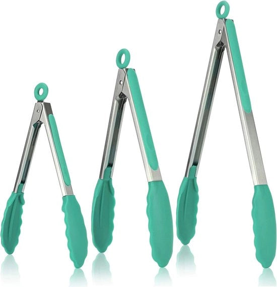 Tang da cucina, 7/9/12 cm, con punti di appoggio in silicone resistente a 250°C e maniglia in acciaio inox 18/8, per griglia alimentare, insalata, BBQ, frittura, servizio, confezione da 3 (verde blu)