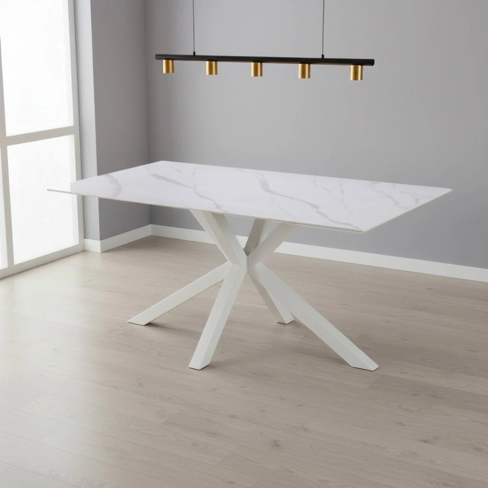 Tavolo da Pranzo Hunter 160×90 cm in Ceramica Effetto Marmo Bianco con Gambe Design Bianche