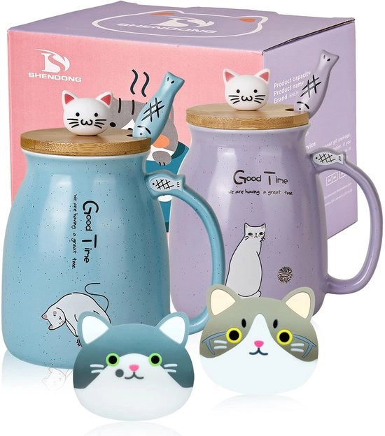 Set di due tazze per gatti Tazze per caffè in ceramica in un set di due con coperchio in bambù e cucchiaio Nuova invenzione tazza da caffè per la colazione Caffè latte Tè Tazza per gatti 3D per amanti dei gatti (blu e viola)