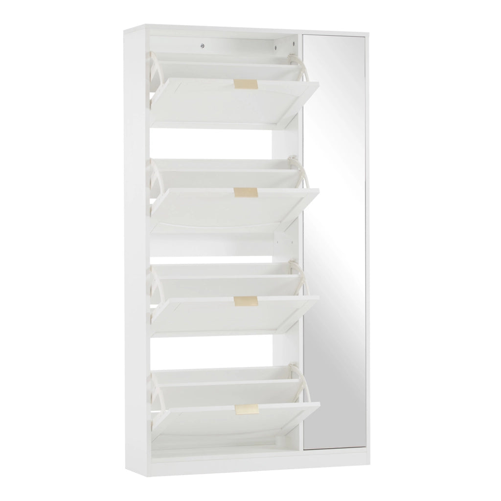 Mobile portascarpe con specchio, 4 vani contenitore estraibili, ripiani regolabili, bianco, 80x24x147 cm