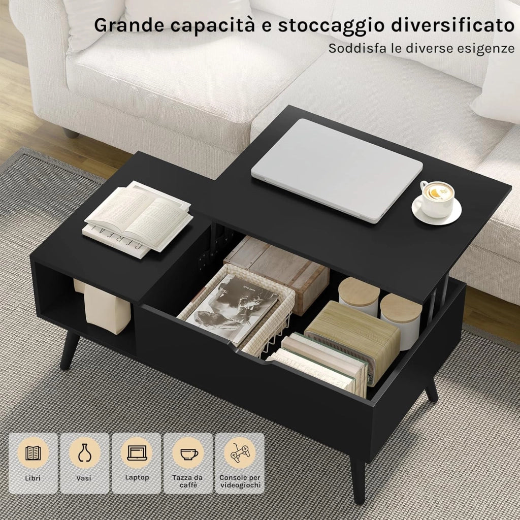 Tavolino da Caffè Sollevabile e Allungabile, Tavolo con Spazio Interno e Scomparto Aperto, Tavolino da Salotto per Soggiorno, 100x50x(43-57) cm, Nero, BTS26sz