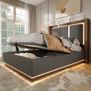 Letto contenitore 90 × 200 cm con LED, vano idraulico, senza materasso, in lino, grigio e noce