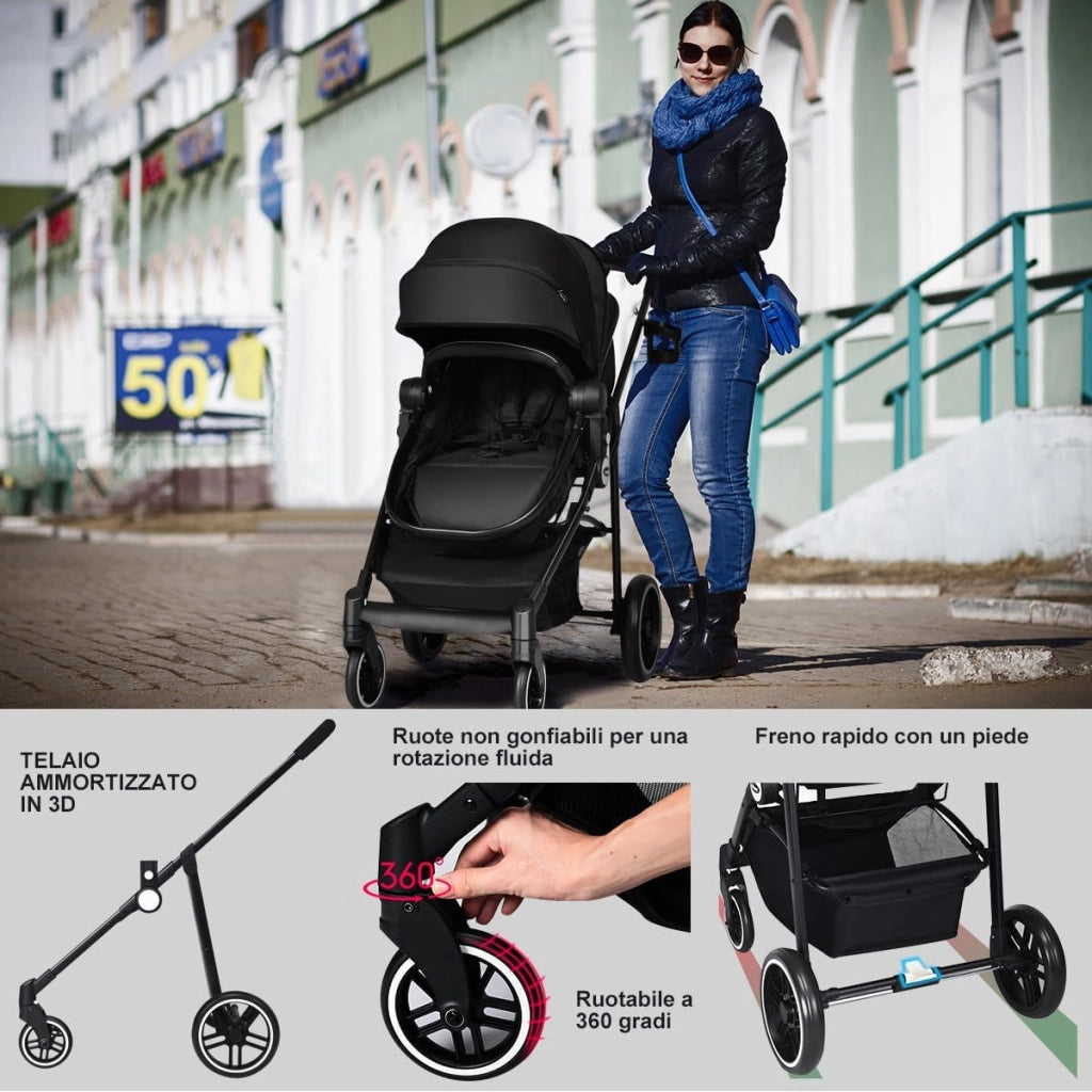 2 in 1 Passeggino per Bambini, Passeggino Pieghevole con Sedile Reversibile, Schienale Regolabile, Passeggino Leggero con Cintura di Sicurezza, Copertura, per Bambini 0-3 Anni (Nero)