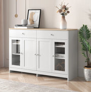Credenza 120x37x80 cm con 2 cassetti; 4 ante e ripiani regolabili; MDF bianco e colore legno