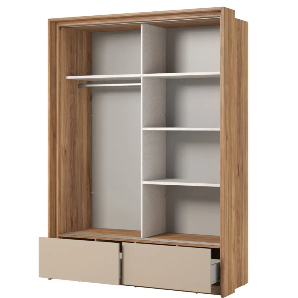 Armadio a 2 porte con specchi, 2 cassetti, appendiabiti e 5 ripiani color rovere e beige.