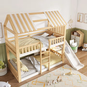 Letto a castello per bambini, 90x200 cm, a forma di casetta, con scivolo, materasso escluso, bianco + color legno