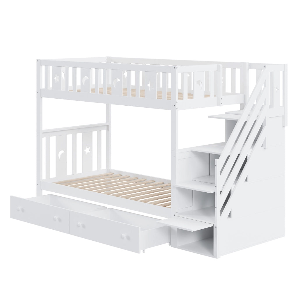 LETTO a castello 90x200 cm bianco con scala contenitore e 2 cassetti