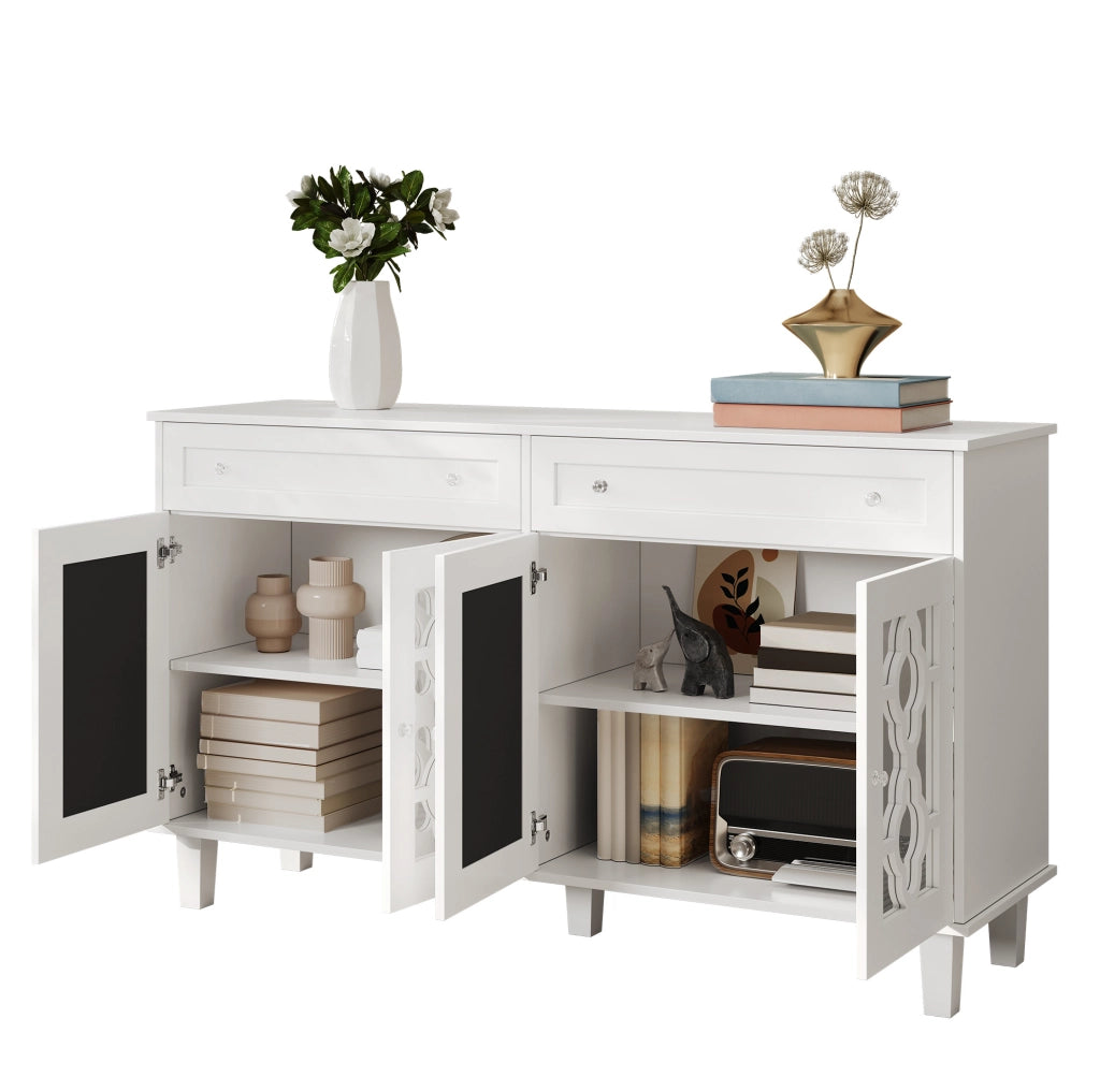 Credenza 140x40x83 cm con 4 ante a specchio; cassetti e ripiano regolabile; MDF bianco