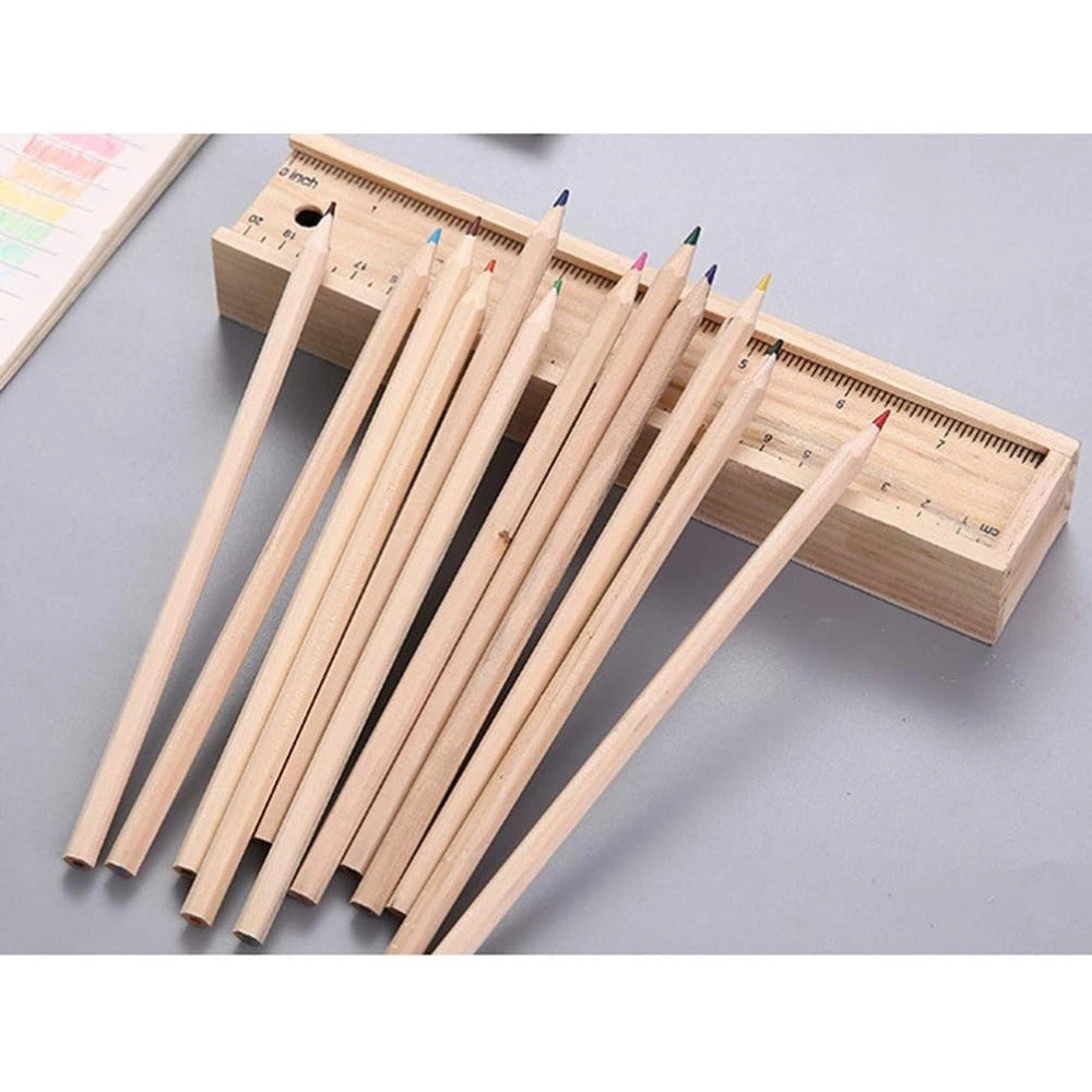 Trade Shop - Astuccio In Legno Con 12 Pastelli Colorati Temperino Righello Riga Portapastelli -