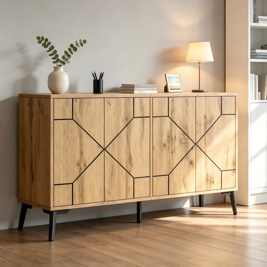Credenza Legno Naturale 120 cm con 4 Ante; Mobile Buffet Stile Industriale; MDF e Metallo