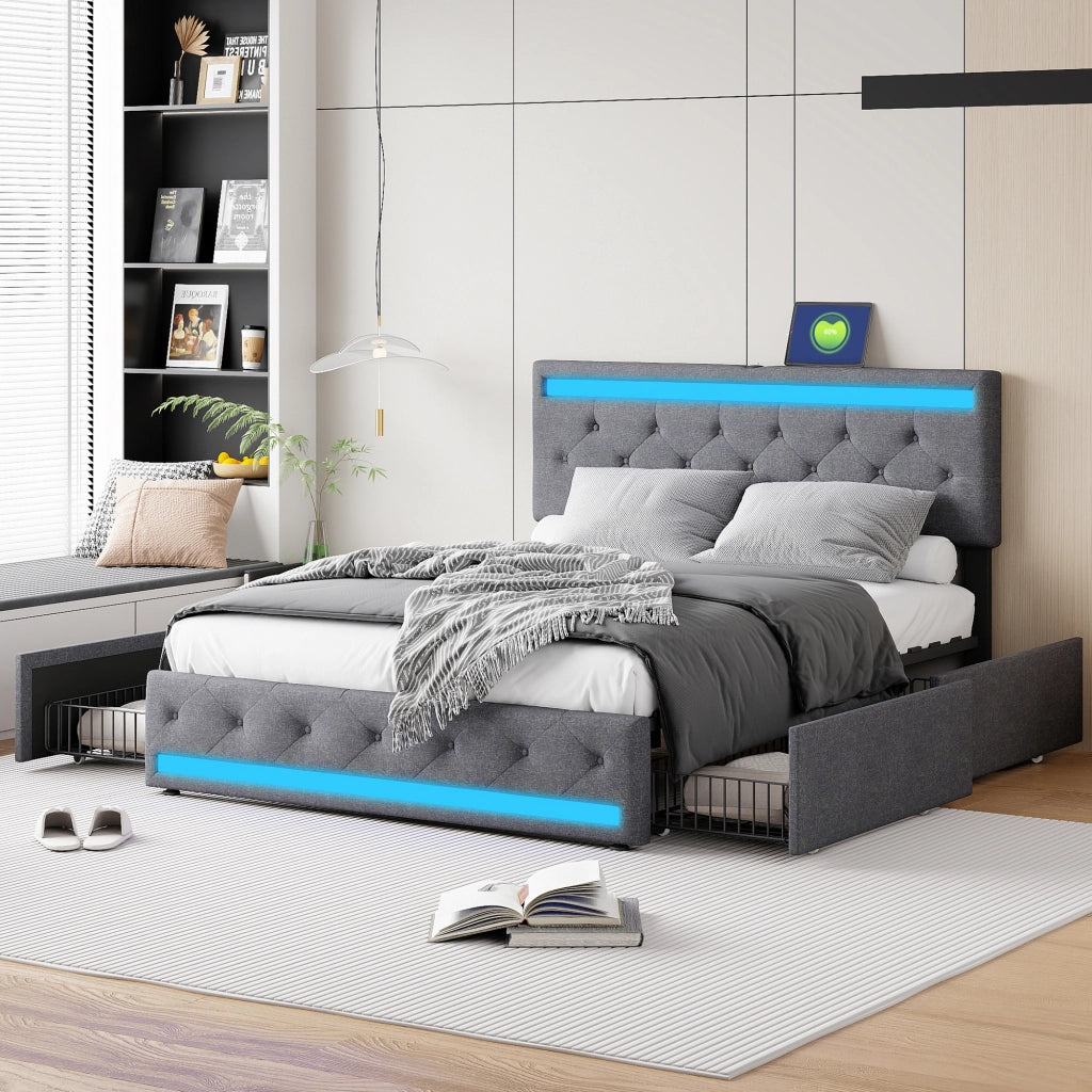 Letto 160x200 cm con contenitore; LED e USB in legno e MDF grigio scuro