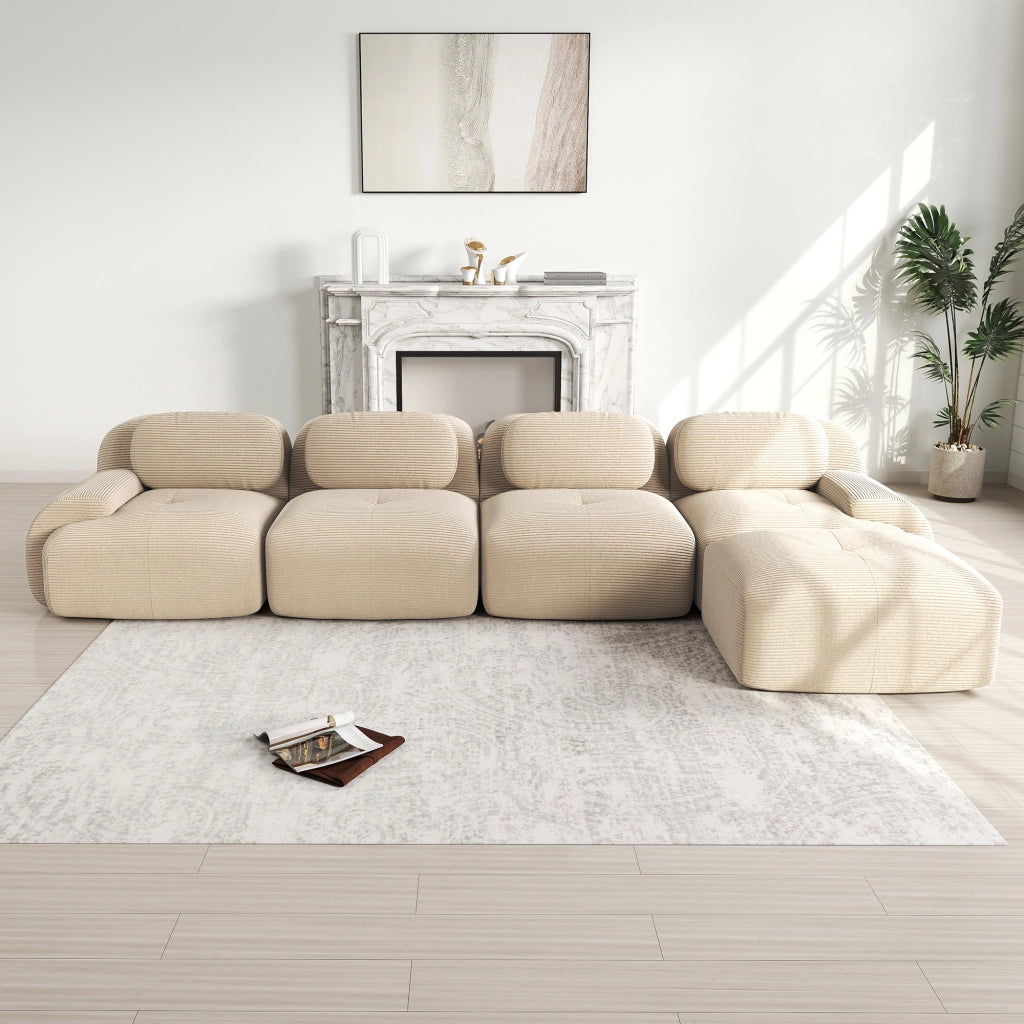 Divano angolare modulare 4 posti con braccioli curvi; senza montaggio; in velluto a coste; beige