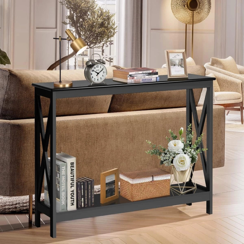 Tavolino Consolle da Divano, a 2/3 Ripiani, Stuttura a X, Portata di 50 kg, Compatto per Salvaspazio, Ideale per Camera, Soggiorno, Ingresso, 4 Colori (Nero, 100x30x80cm)