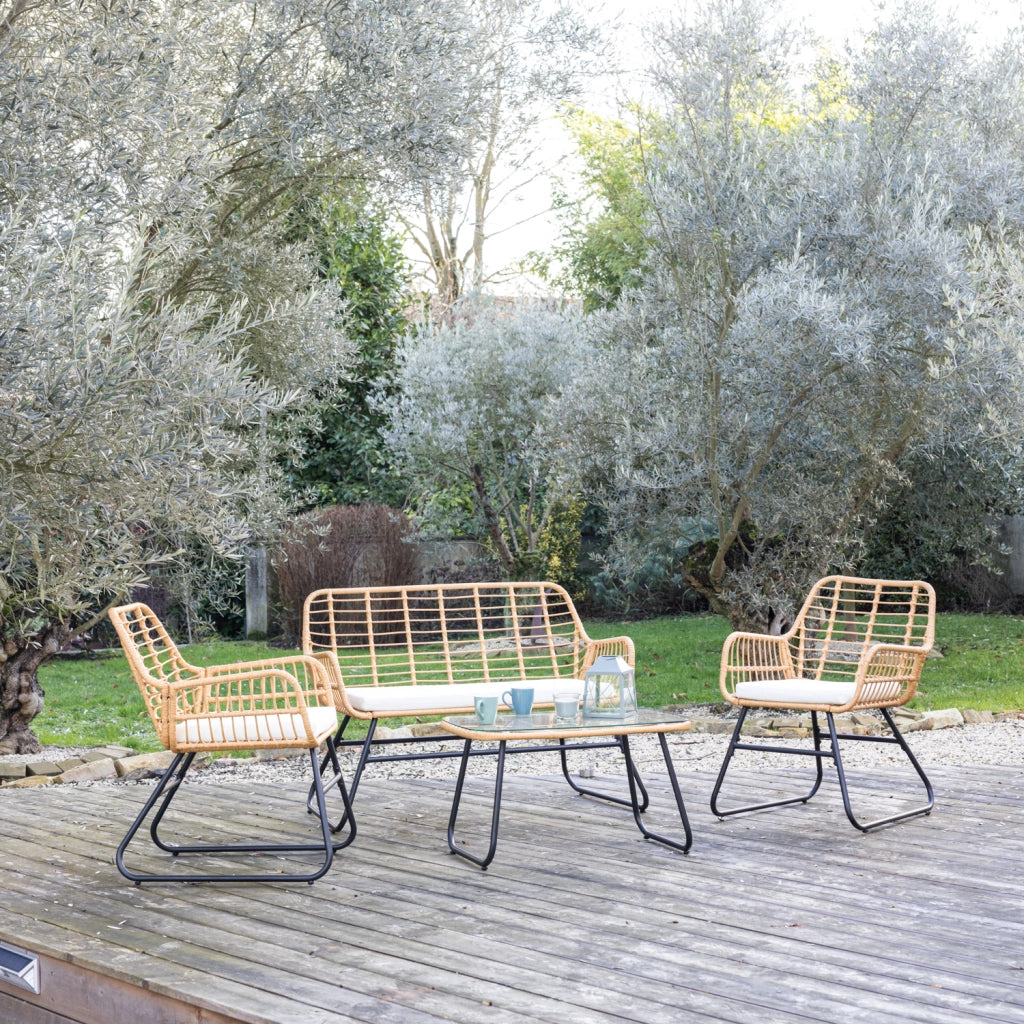 Set di mobili da giardino TIGA in resina intrecciata 4 posti - cuscini crema