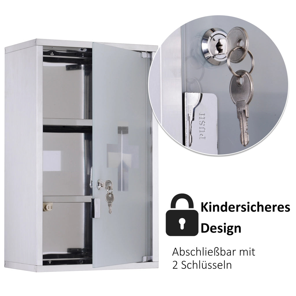 Armadietto per medicinali in acciaio inox con 3 ripiani e ante in vetro ¨C zephmum ¨C 30x18x50 cm