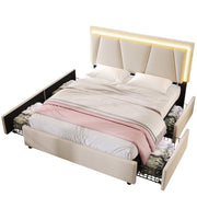 Letto Matrimoniale 160x200 cm; Letto con Cassetti; LED e Testiera Regolabile - Beige