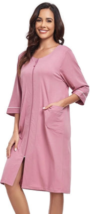 Camicia da notte per donna con cintura, giacca da camera leggera, 100% cotone, camicia da notte con maniche 3/4 e tasche (rosa, S)