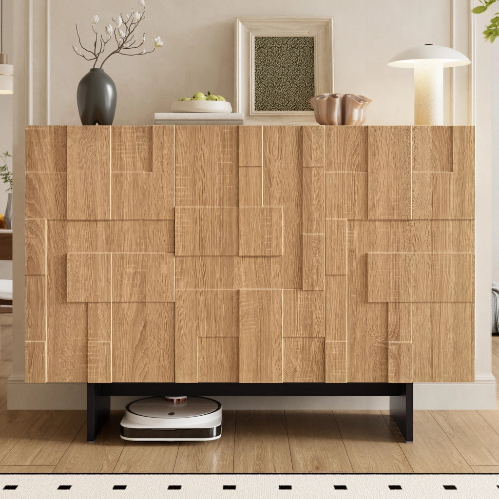 Credenza con 3 ante e ripiani regolabili, frontale geometrico, in bambù e MDF, naturale e nero, 105 × 33,5 × 76 cm