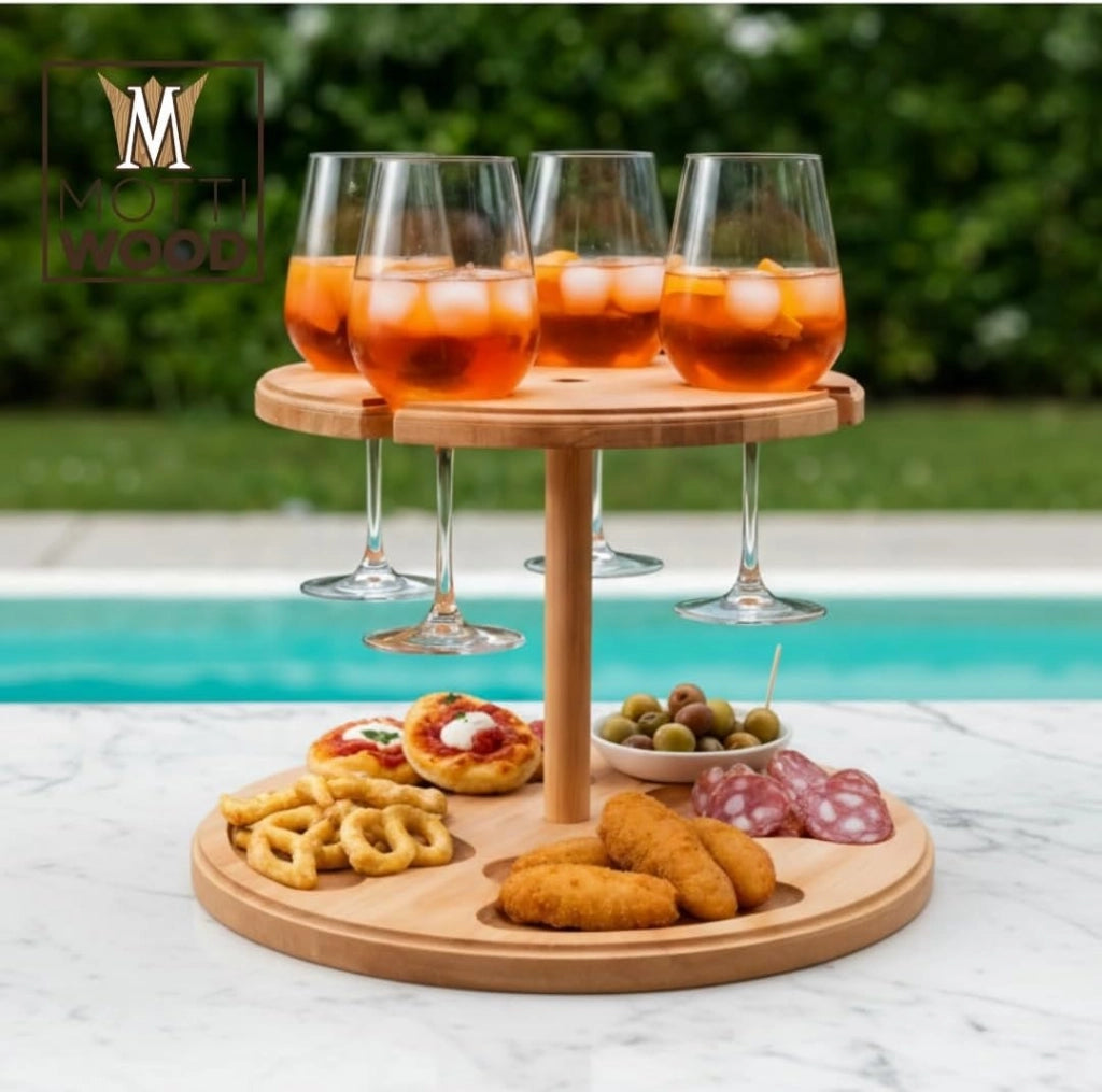 Tagliere Vassoio Aperitivo Porta Calici in Legno di Faggio 4 Posti