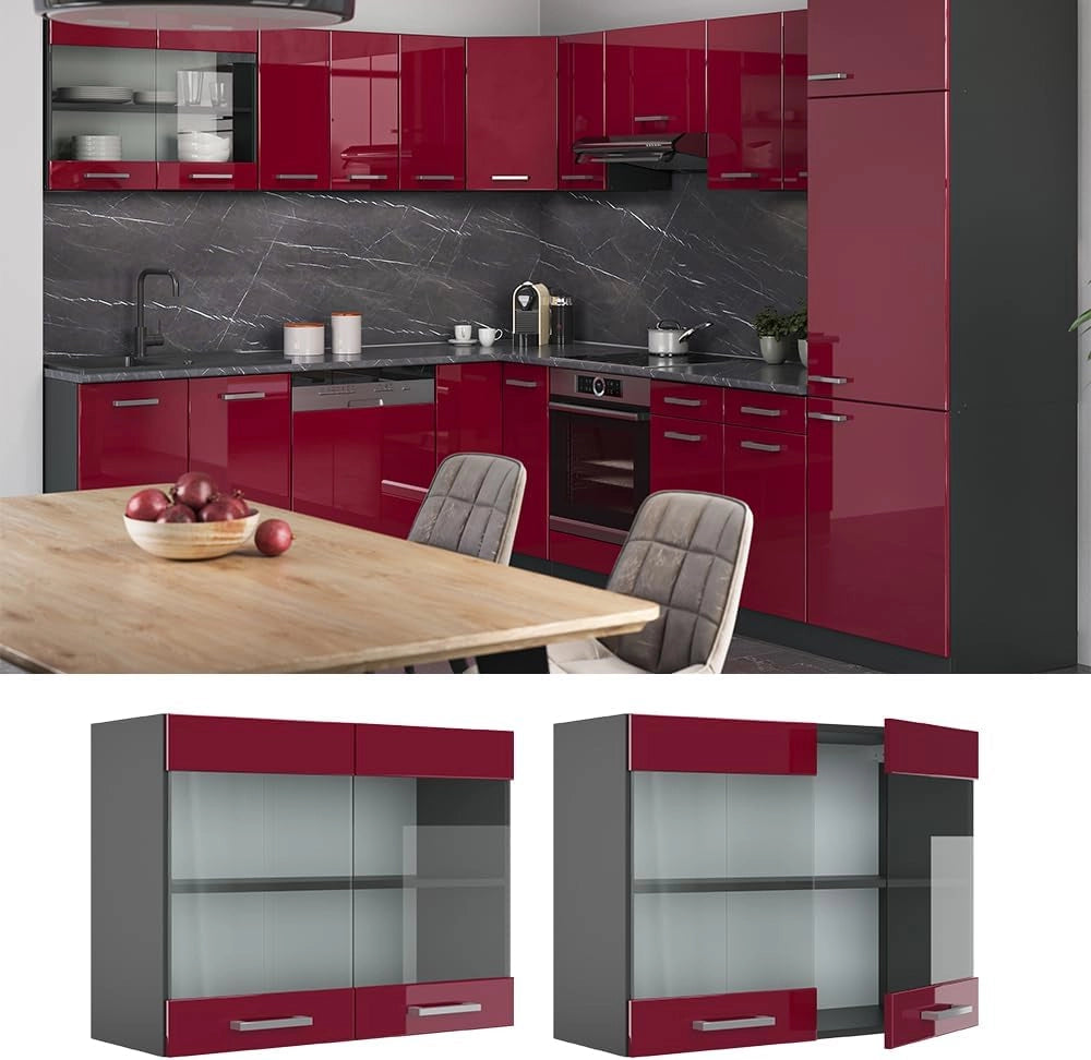Mobile da cucina in vetro R-Line, Rosso lucido, 80 cm, per la libera combinazione all'interno di sistemi cucina modulari