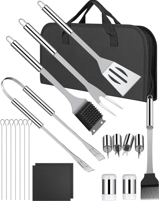 Set di accessori barbecue in acciaio inox da 24 pezzi con borsa di trasporto - attrezzatura barbecue all'aperto completa - essenziali per barbecue con amici e famiglia