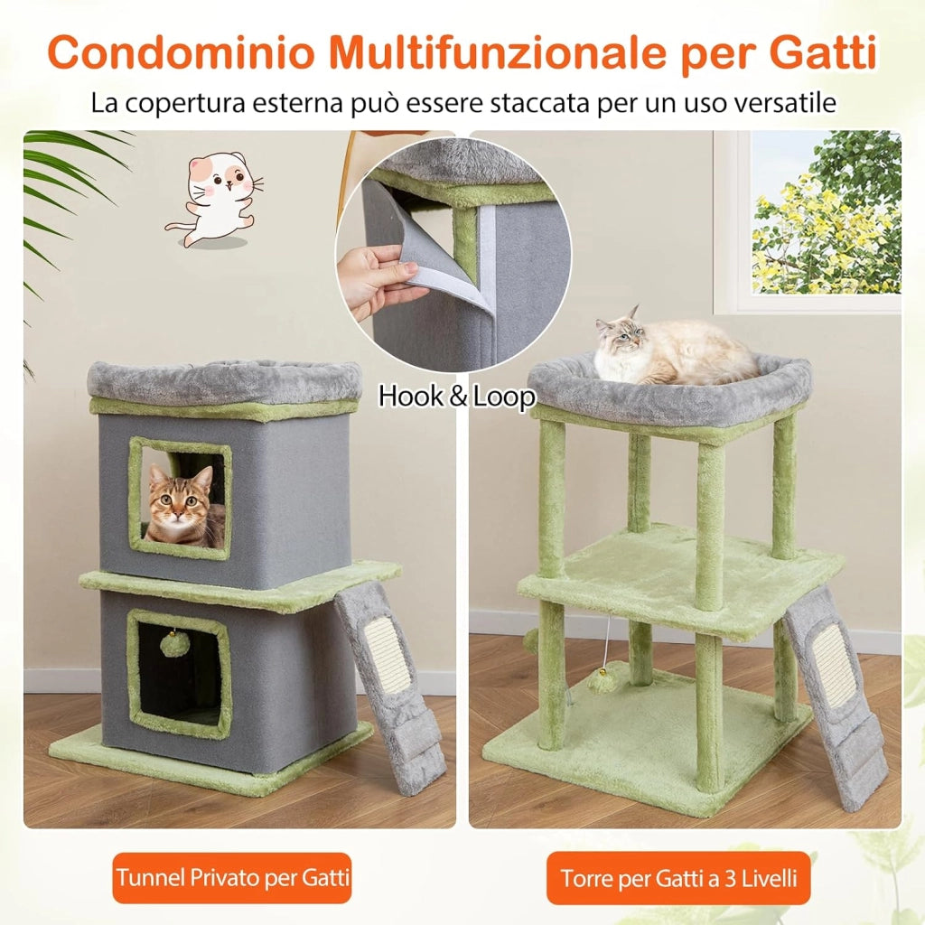 3 in 1 Set di Albero per Gatti, Tiragraffi per Gattini con Condominio, Cat tree a 3 Livelli, Albero da Arrampicata Versatile