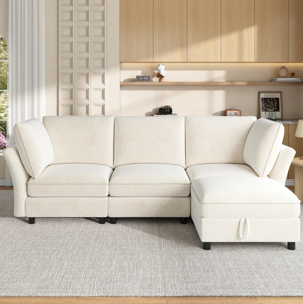 Divano modulare a L con pouf contenitore, 4-5 posti, tessuto chenille, beige