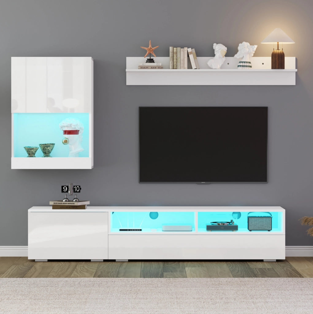 Parete attrezzata TV bianca 3 pezzi con LED, mobili TV 175 cm