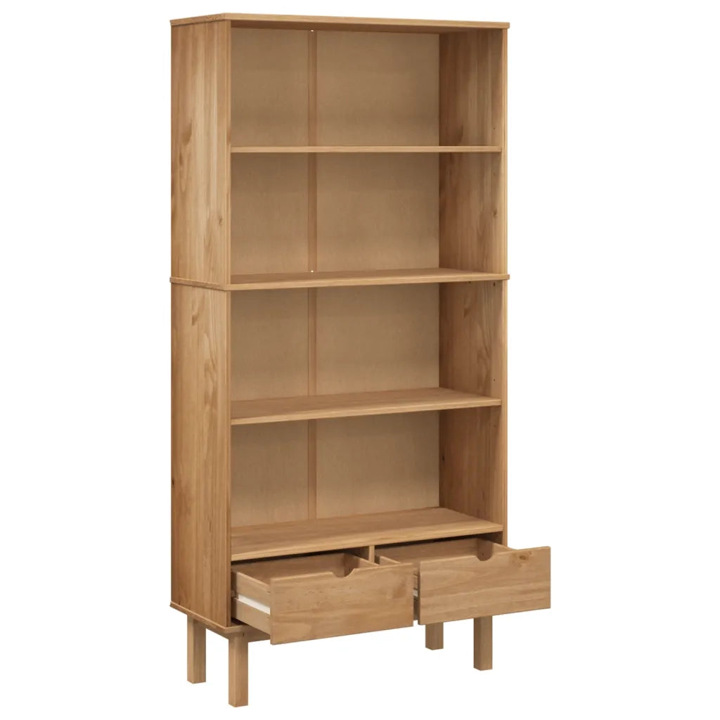 Libreria-Scaffale per Libri-Mobile di Stoccaggio OTTA con 2 Cassetti Marrone in Legno Massello di Pino