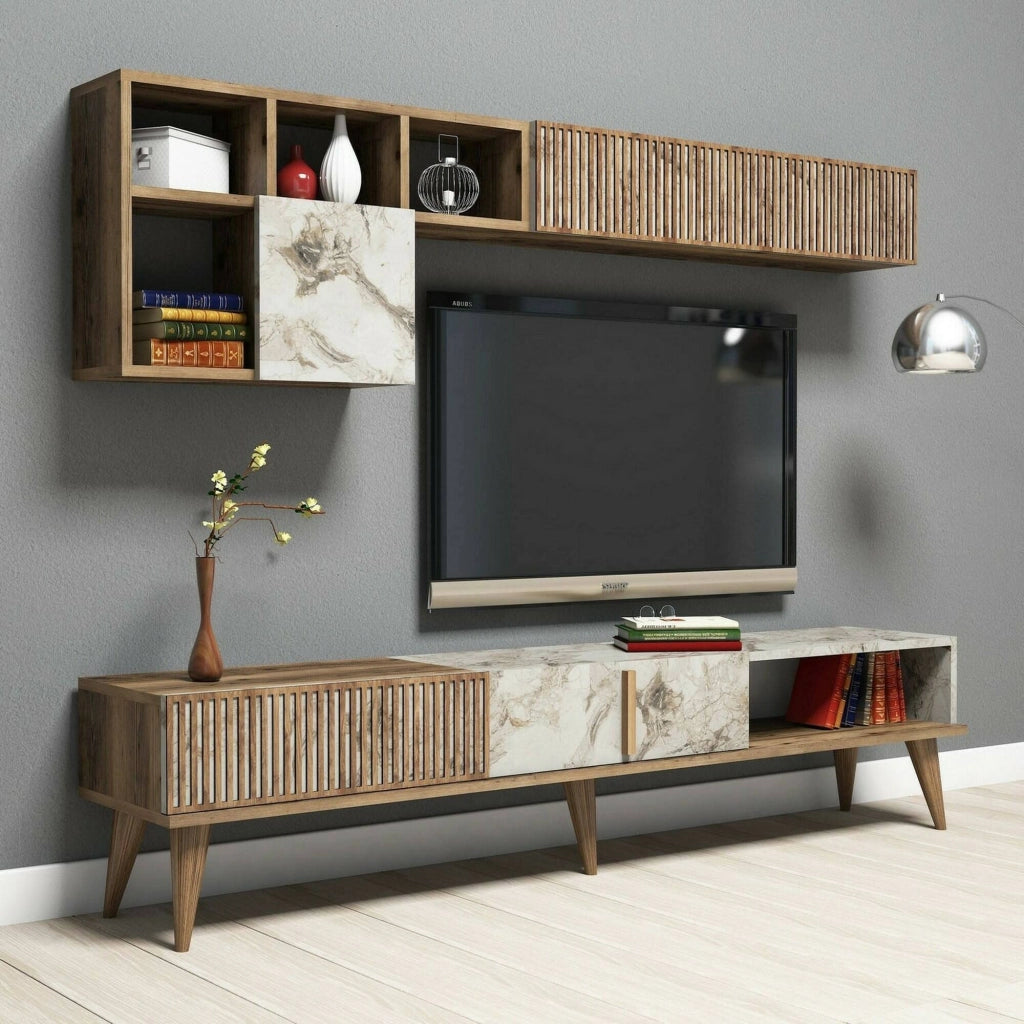 Parete attrezzata Ostro, Composizione soggiorno, Mobile salotto multiuso, Armadio porta TV, 180x35h40 cm, Noce e Bianco Marmo