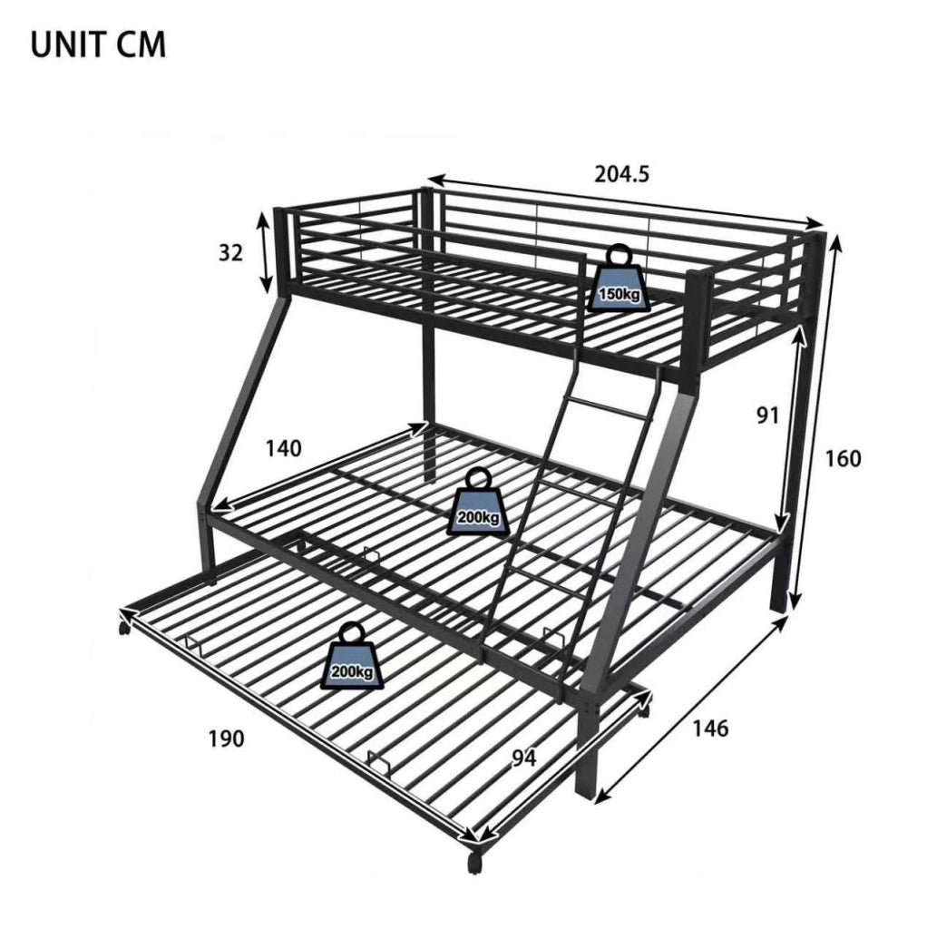 Letto a castello in metallo nero 3 in 1 con letto estraibile