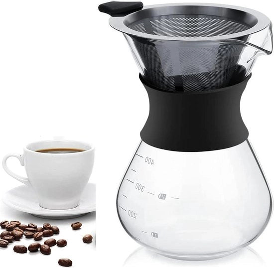 Caffettiera "Pour Over" con filtro permanente in acciaio inossidabile e caraffa - Caffè in vetro trasparente 400 ml - Macchina per fare il caffè.