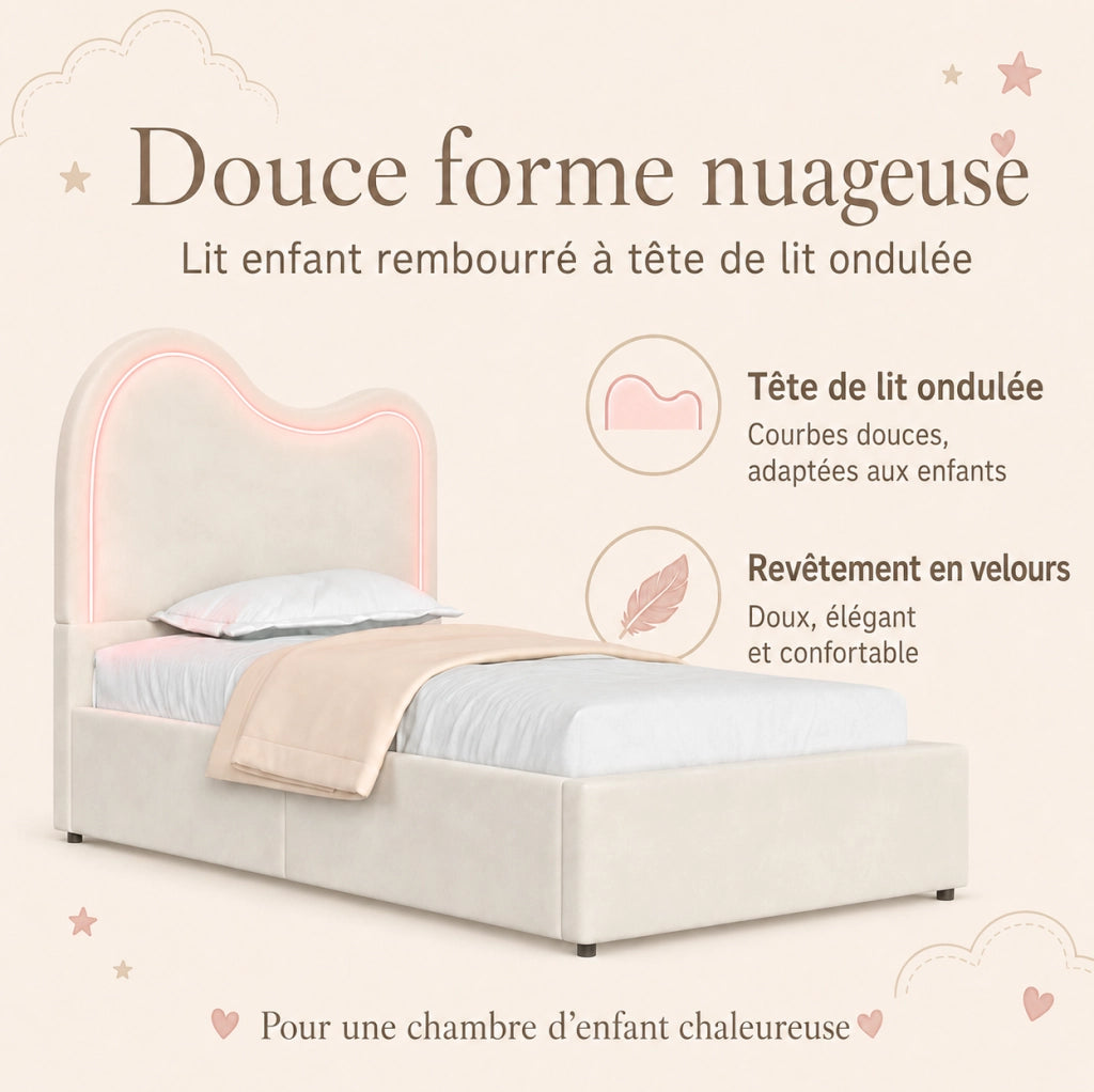 Letto singolo imbottito per bambini 90x200 cm con contenitore idraulico; rete a doghe e LED; beige