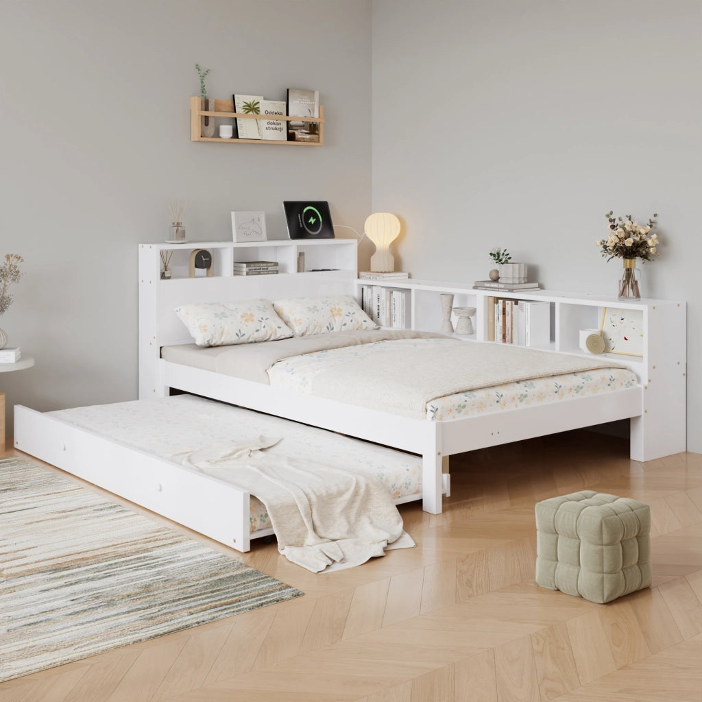 Letto Estraibile 120x200 cm e 90x190 cm - Scaffale Laterale e Ricarica - in Legno - Bianco