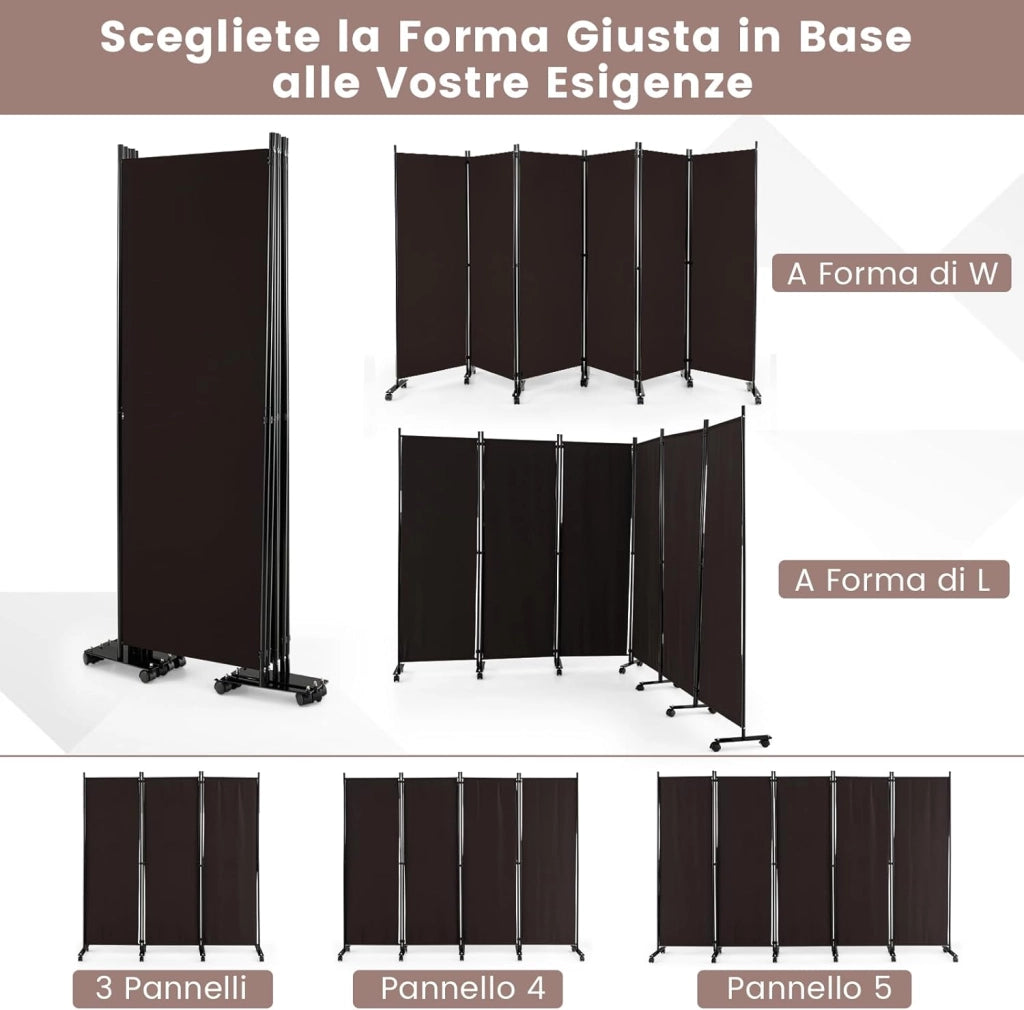 Paravento da Interno in Metallo, Separé Divisorio Interno Pieghevole con Piedini Stabili, Pannelli Divisori per Interni per Casa e Ufficio (Marrone, 334,5 x 172 cm (6 Pannelli con ruote))