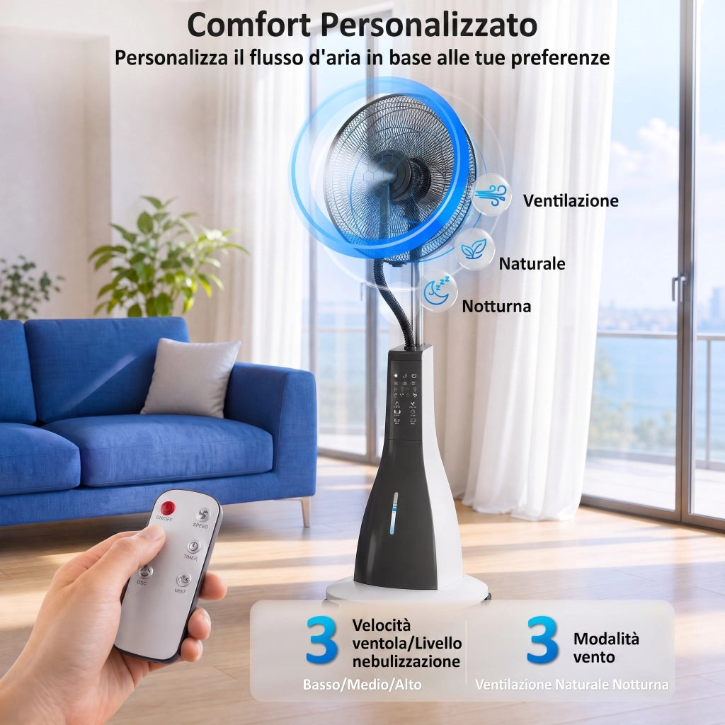 Ventilatore a Nebulizzazione da 3L a 3 Modalit¨¤ e 3 Velocit¨¤, in Plastica e Metallo, 50x40x125 cm, Bianco e Nero