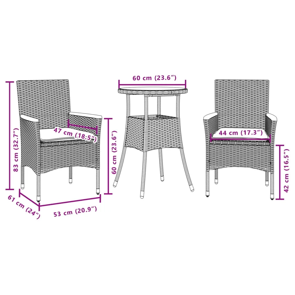 Set da Pranzo da Giardino 3 pz con Cuscini Polyrattan e Vetro 3278725
