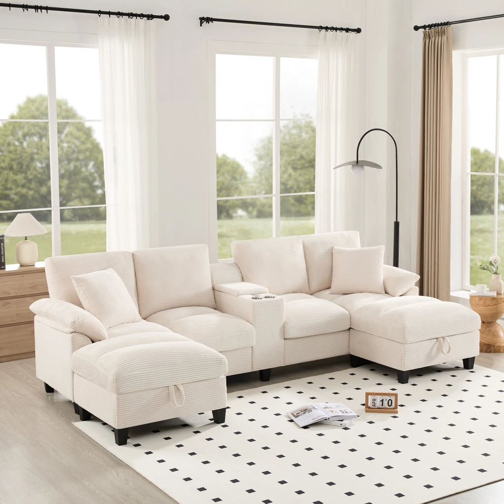 DIVANO angolare a U 293x142x93 cm in tessuto a coste beige con USB e portabicchiere