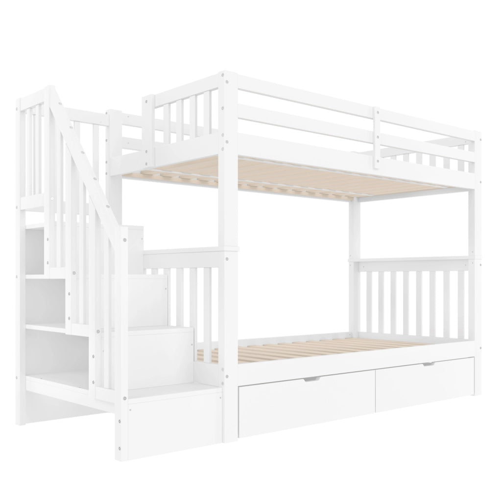 Letto a castello 90 x 200 cm bianco con scala contenitore e 2 cassetti