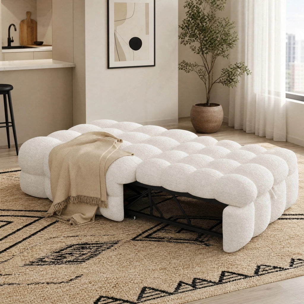 Puff letto 2 in 1 trasformabile in divanetto; 183 x 76 x 72 cm; in teddy beige
