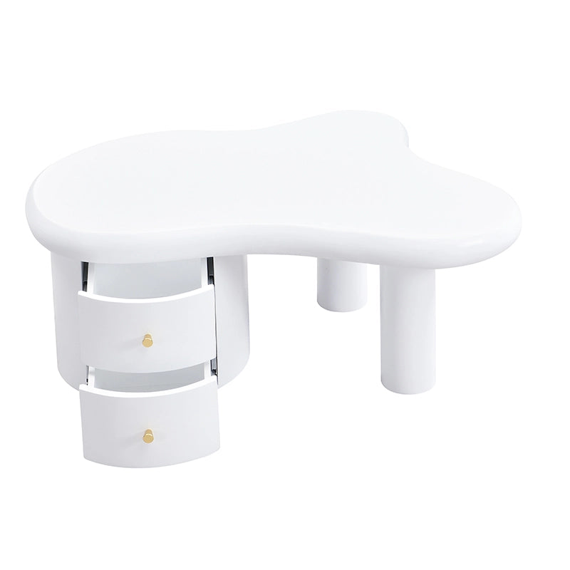 Tavolino da caff¨¨ moderno bianco in MDF con forma irregolare, 2 cassetti e vano contenitivo, 97 x 64 x 42 cm