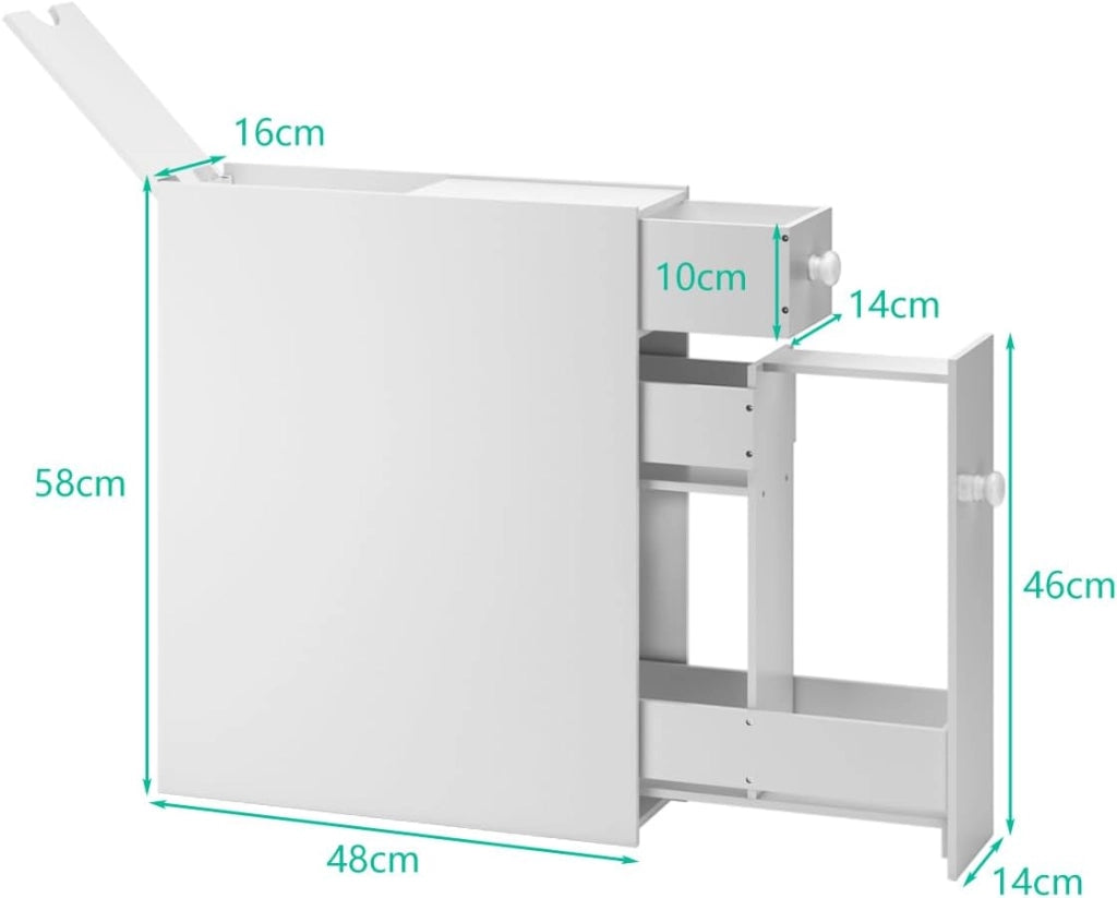 Mobile portaoggetti stretto con 2 cassetti, armadio salvaspazio ideale per spazio di ripostiglio, colonna del bagno, cucina, ufficio, WC, 48 x 16 x 58 cm (bianco)