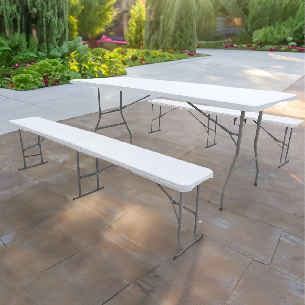 Set Da 3 Pezzi Tavolo + 2 Panche Pieghevoli Set Birreria Interno Esterno 180 Cm XXL 6/8 Per Feste Sagre Posti Maniglie Per Trasporto Giardino Campeggio Struttura Acciaio Impermeabile Uv Resistente Tavolino E Panchine Vacanze