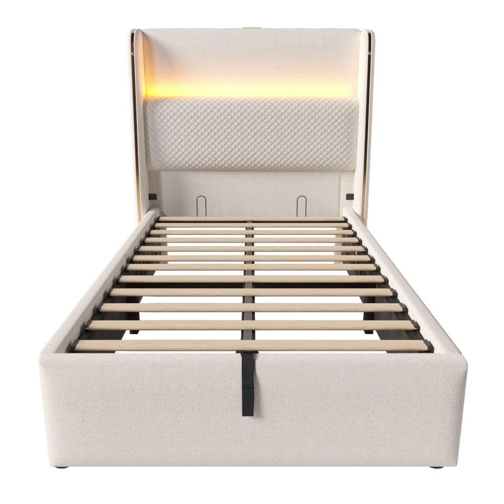 Letto singolo idraulico 90x200 cm con testiera alta, LED, USB/Type-C e contenitore, beige