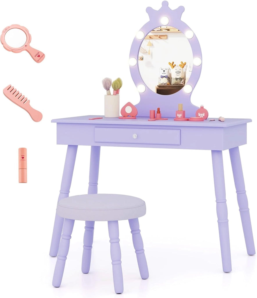 Set Toeletta Trucco per Bambina con Sgabello, Specchiera Trucco Staccabile con Luci LED a 3 Colori, Postazione Trucco Giocattolo con Cassetto e Accessori, per Bambine di 3-7 Anni (Bianco)